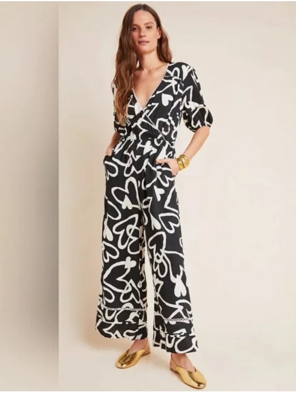 FARM Rio for Anthropologie Sinead Hearts Black Cream Jumpsuit GUC Size Large